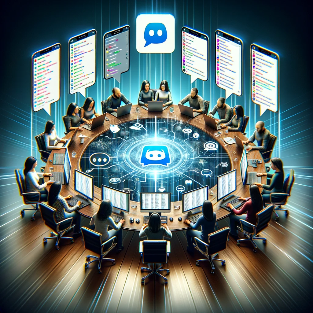 image of a digital roundtable with laptops, tablets, and smartphones showing active Slack and Discord chat windows, symbolizing vibrant community engagement on online platforms